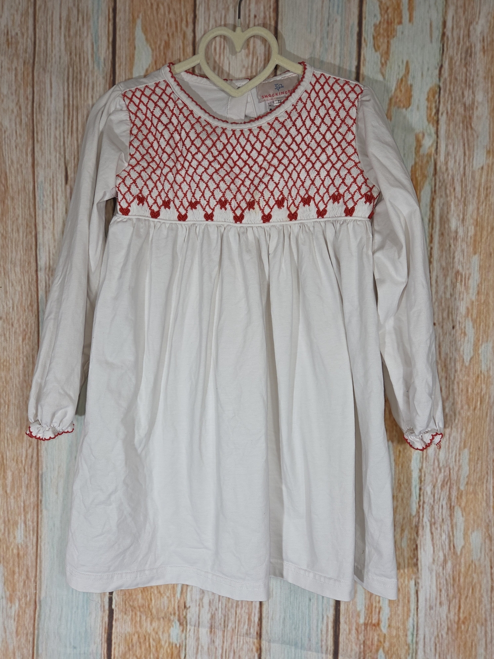 Smockingbird Smocked White & Red Long-Sleeve Girls Dress
